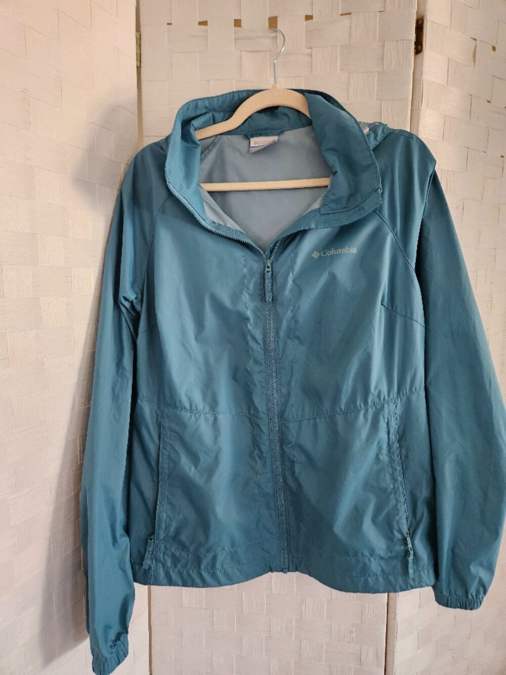 Columbia Teal Blue Lightweight Hooded Rain Jacket Windbreaker Size Large